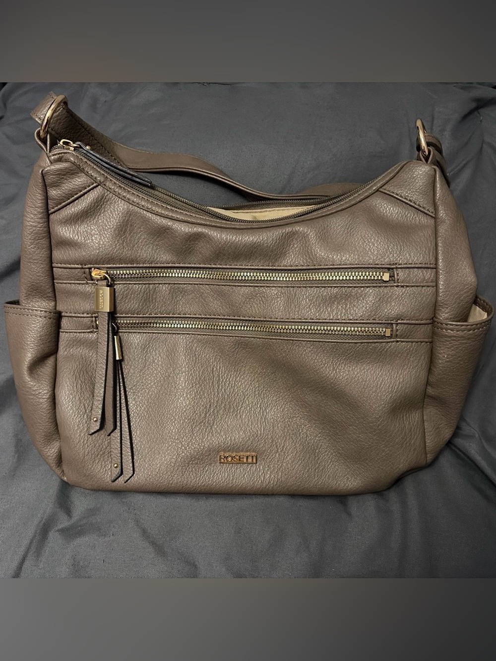 Rosetti Taupe Pebbled Leather Shoulder Bag with Gold Hardware